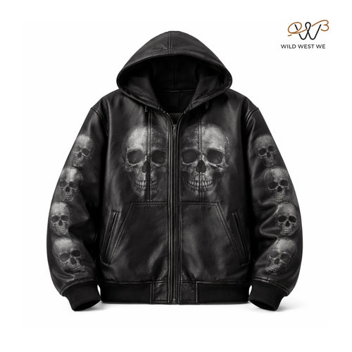 Men’s Black Skull Print Leather Hoodie Jacket