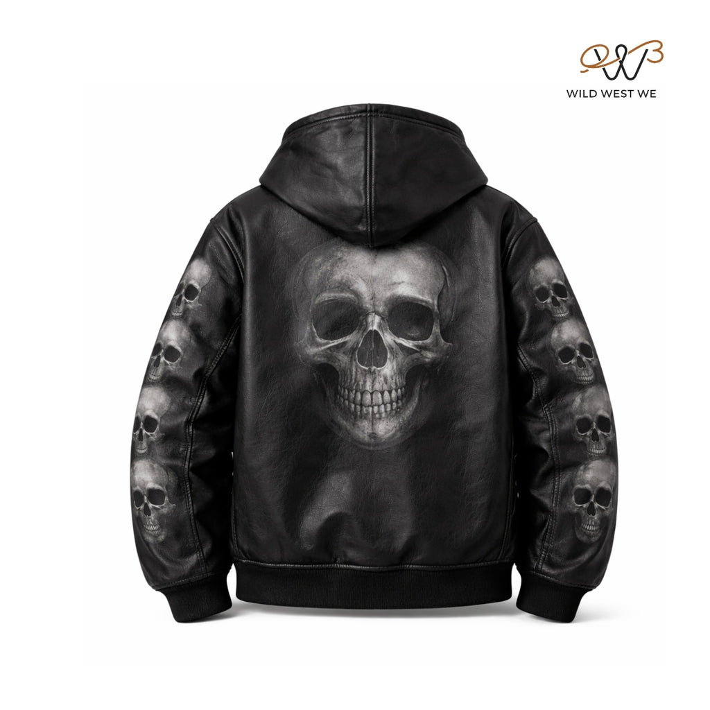 Men’s Black Skull Print Leather Hoodie Jacket