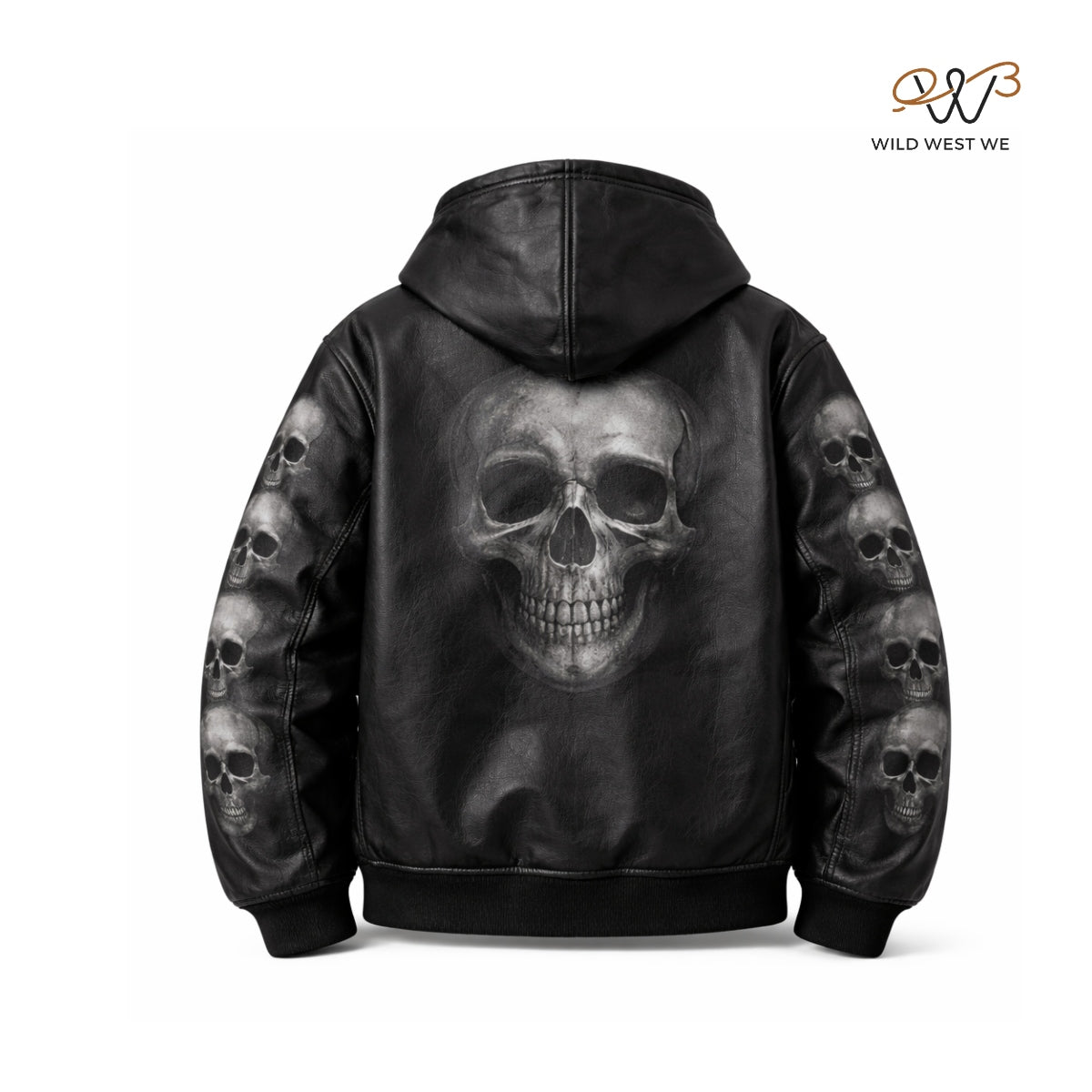 Men’s Black Skull Print Leather Hoodie Jacket
