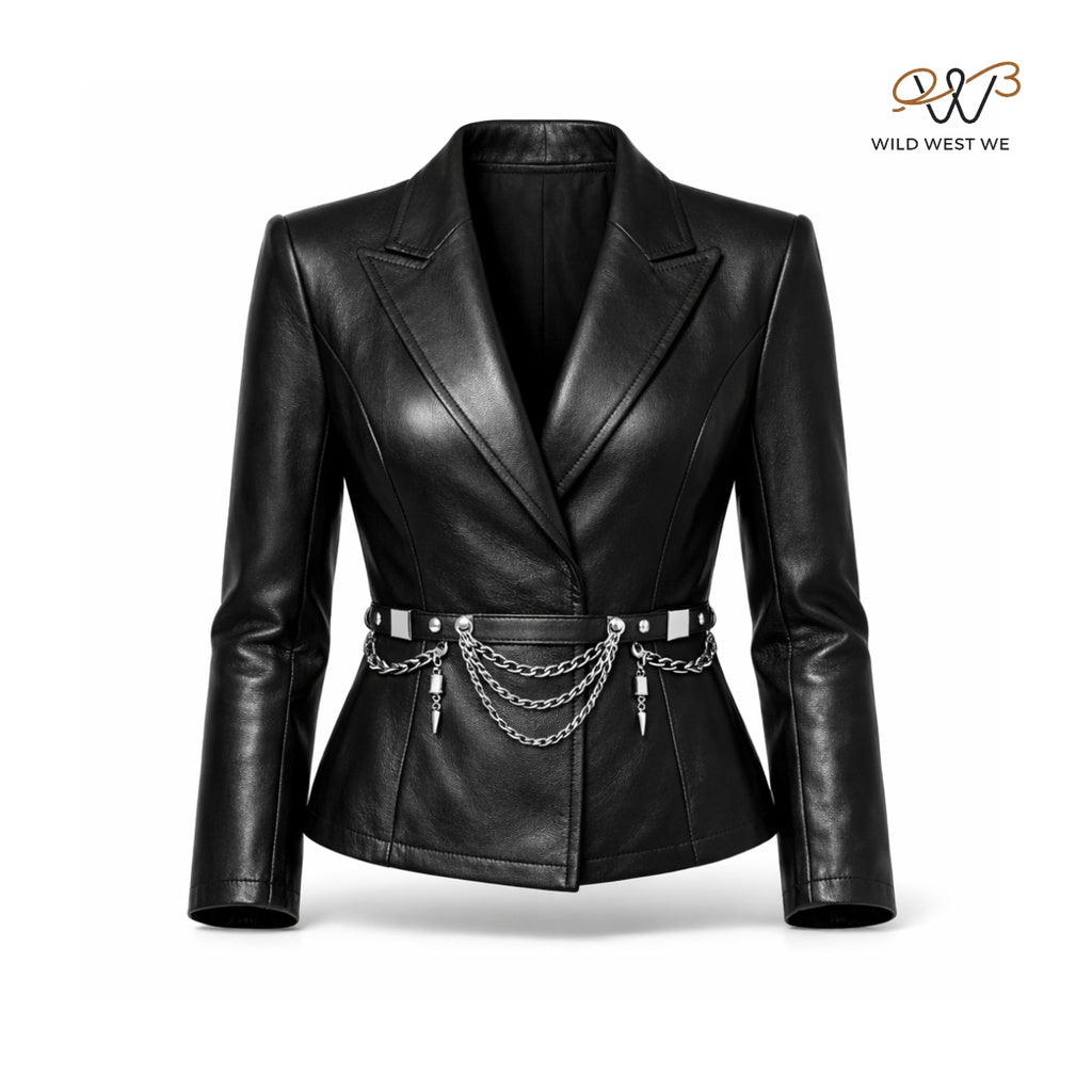 Women’s Black Leather Blazer Jacket with Chain Belt