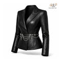 Women’s Black Leather Blazer Jacket with Chain Belt