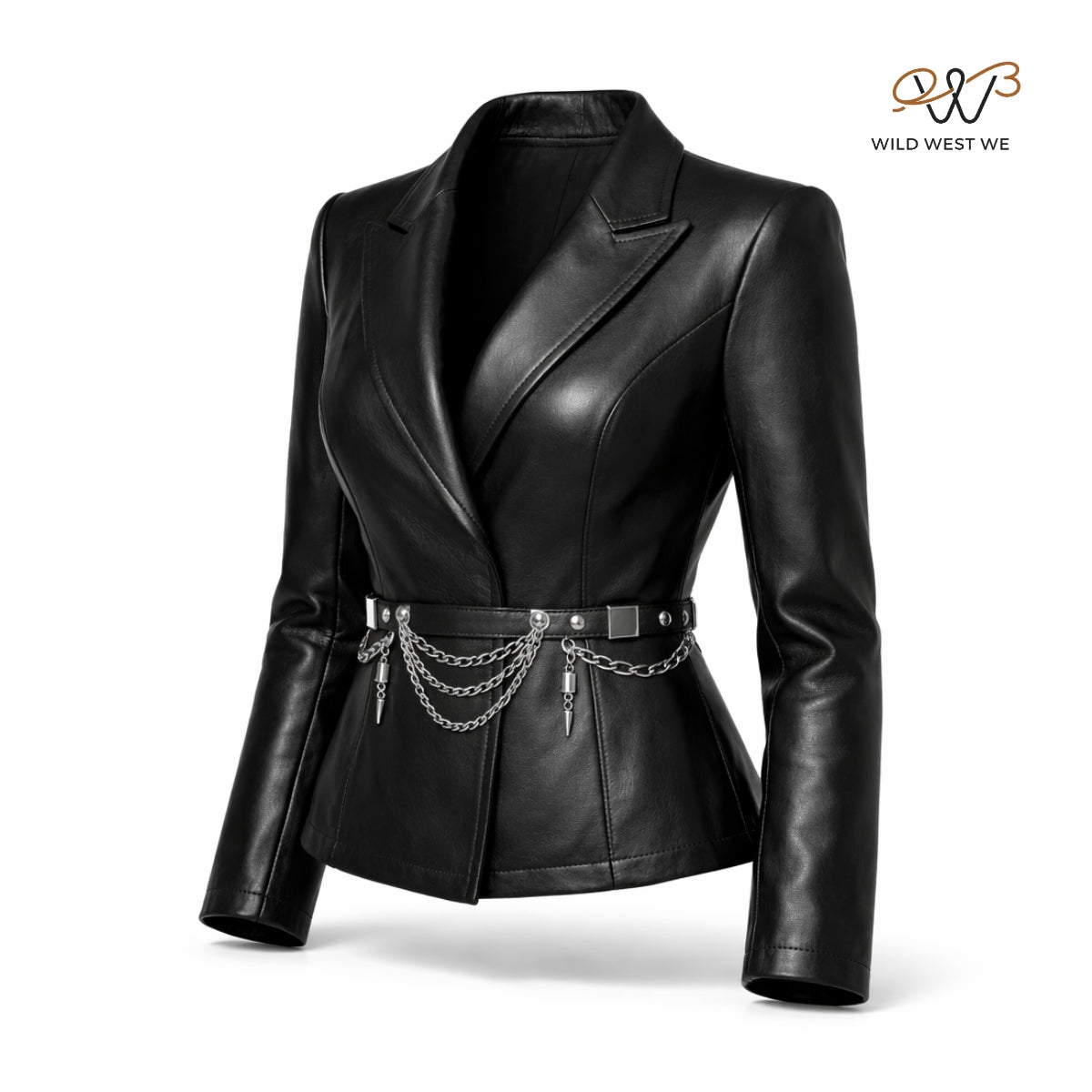 Women’s Black Leather Blazer Jacket with Chain Belt