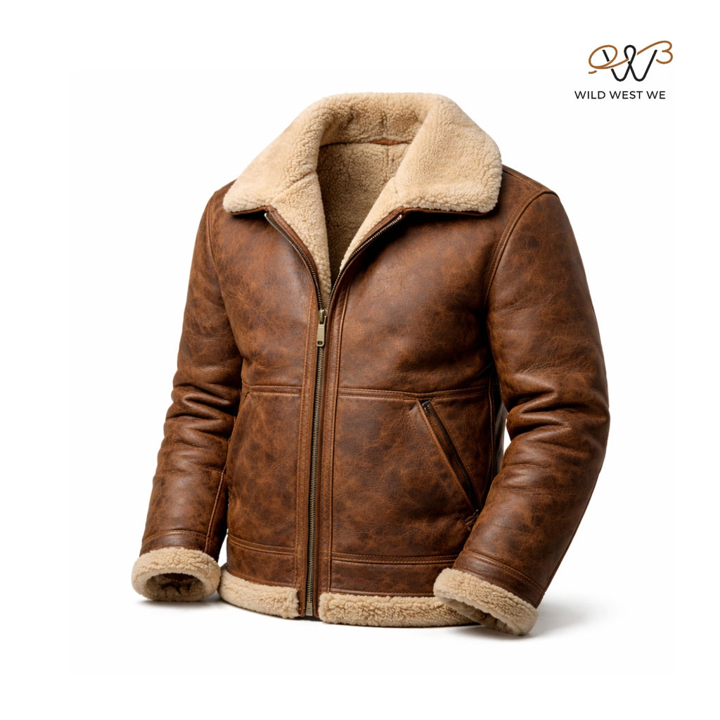 Men’s Brown Shearling Collar Leather Jacket