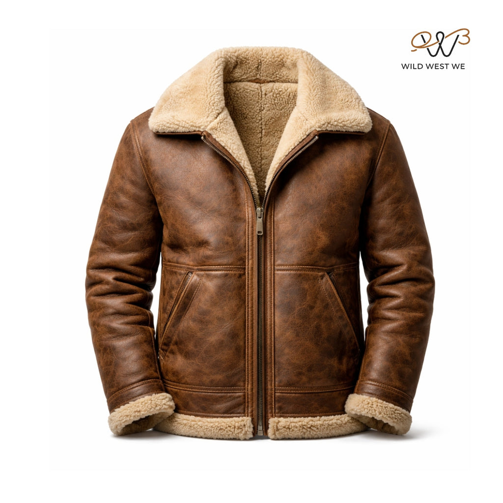 Men’s Brown Shearling Collar Leather Jacket
