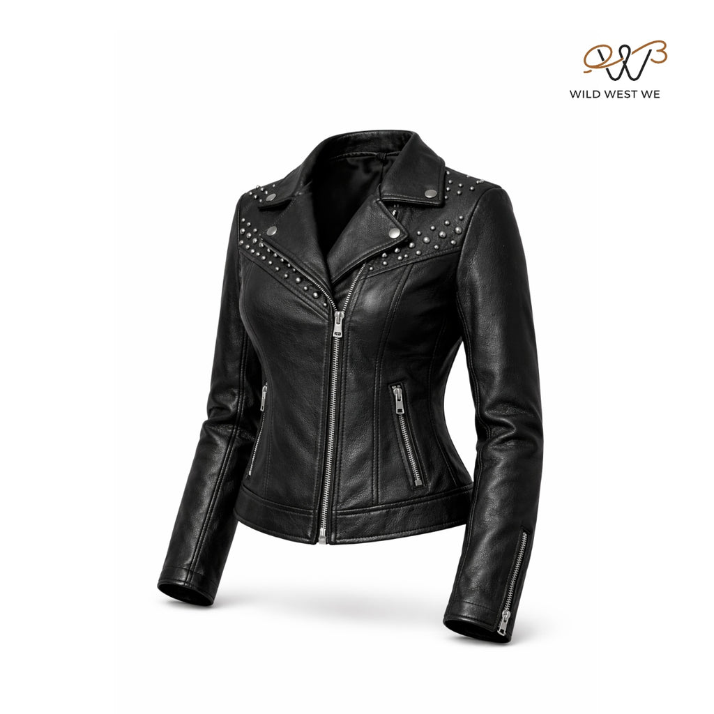 Women’s Black Studded Biker Leather Jacket