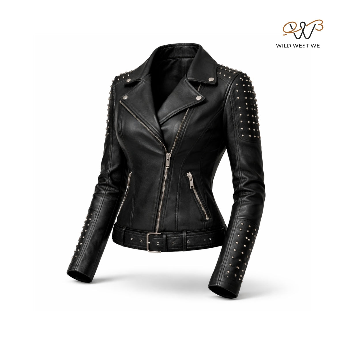 Women’s Black Studded Belted Biker Leather Jacket