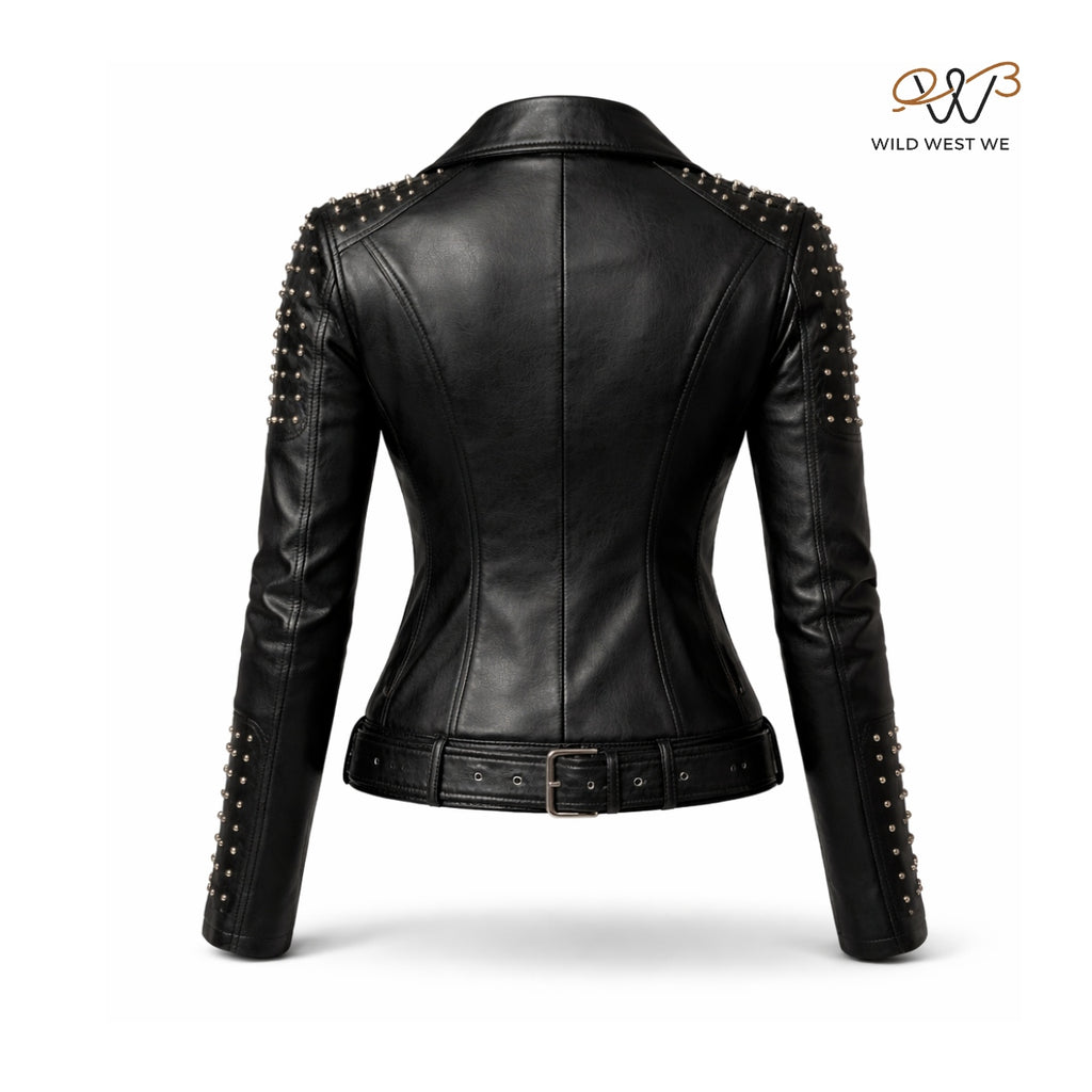 Women’s Black Studded Belted Biker Leather Jacket