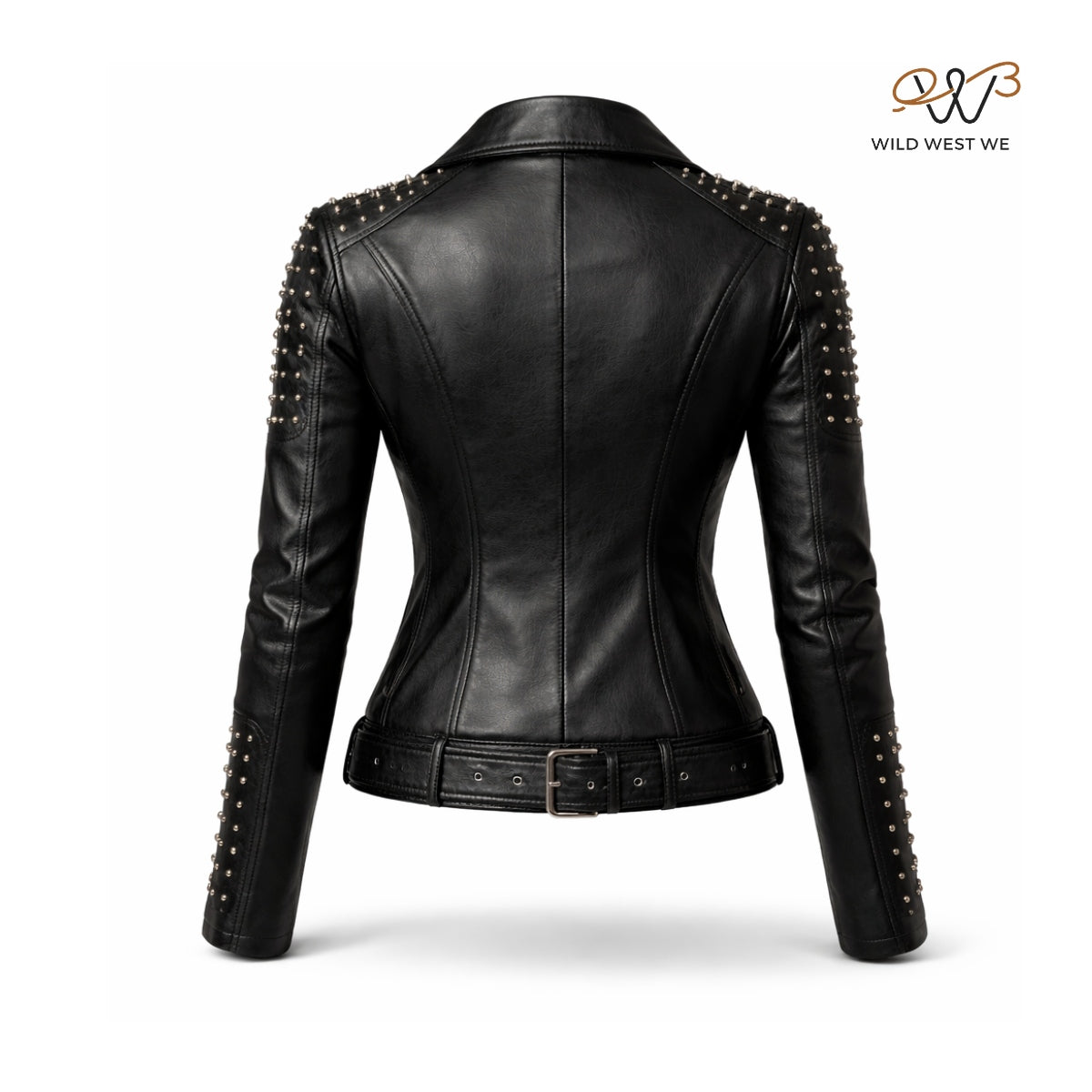 Women’s Black Studded Belted Biker Leather Jacket