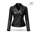 Women’s Black Studded Belted Biker Leather Jacket