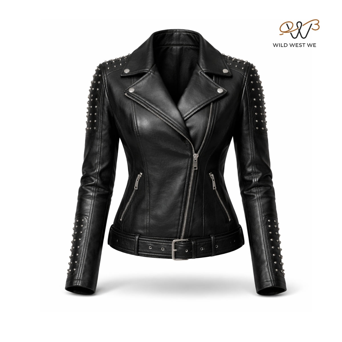 Women’s Black Studded Belted Biker Leather Jacket