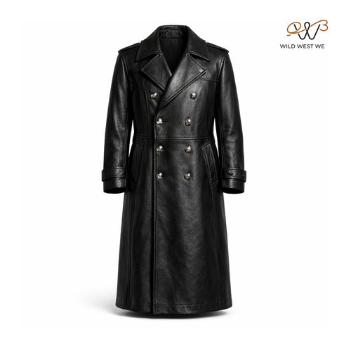 Men’s Black Leather Double Breasted Long Coat
