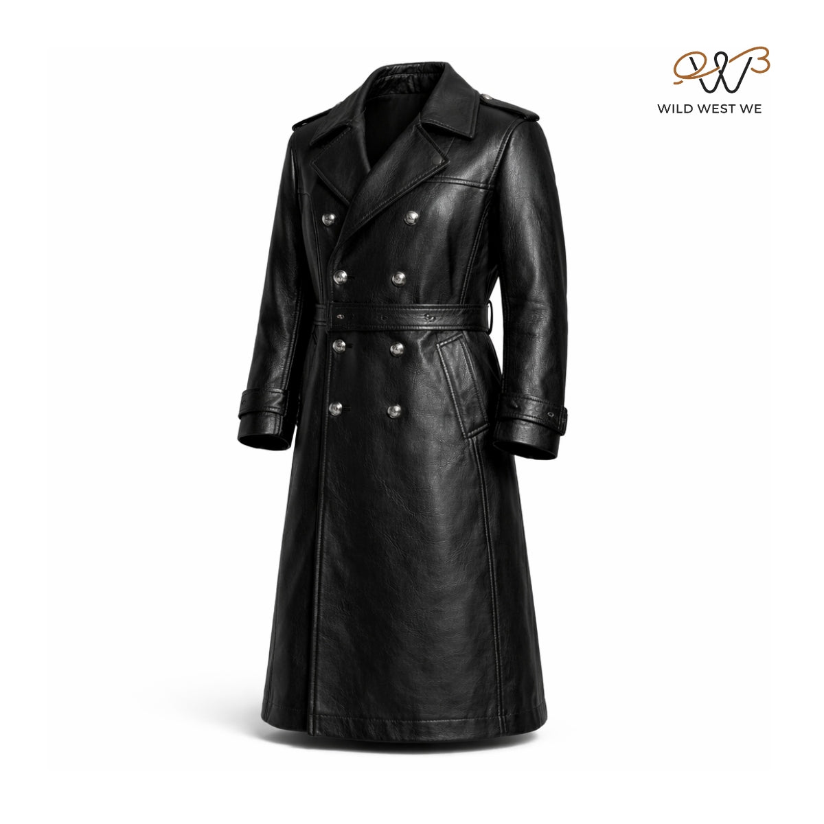 Men’s Black Leather Double Breasted Long Coat