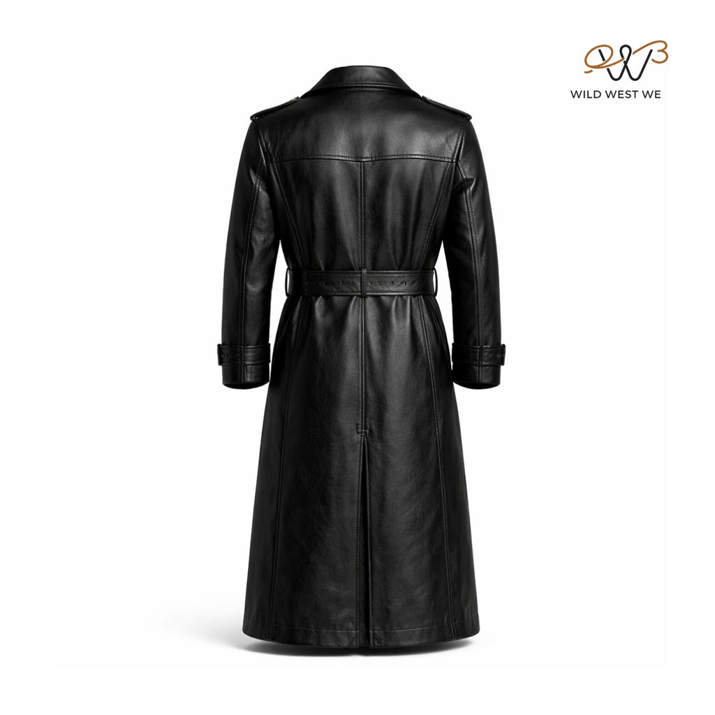 Men’s Black Leather Double Breasted Long Coat