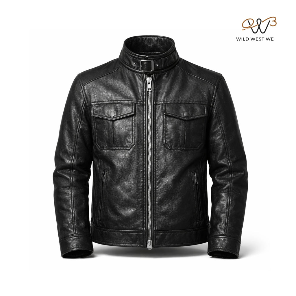 Men’s Black Buckle Collar Leather Jacket
