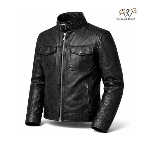 Men’s Black Buckle Collar Leather Jacket