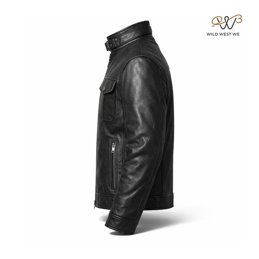 Men’s Black Buckle Collar Leather Jacket