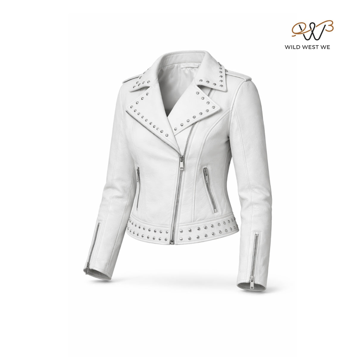 Women’s White Studded Biker Leather Jacket