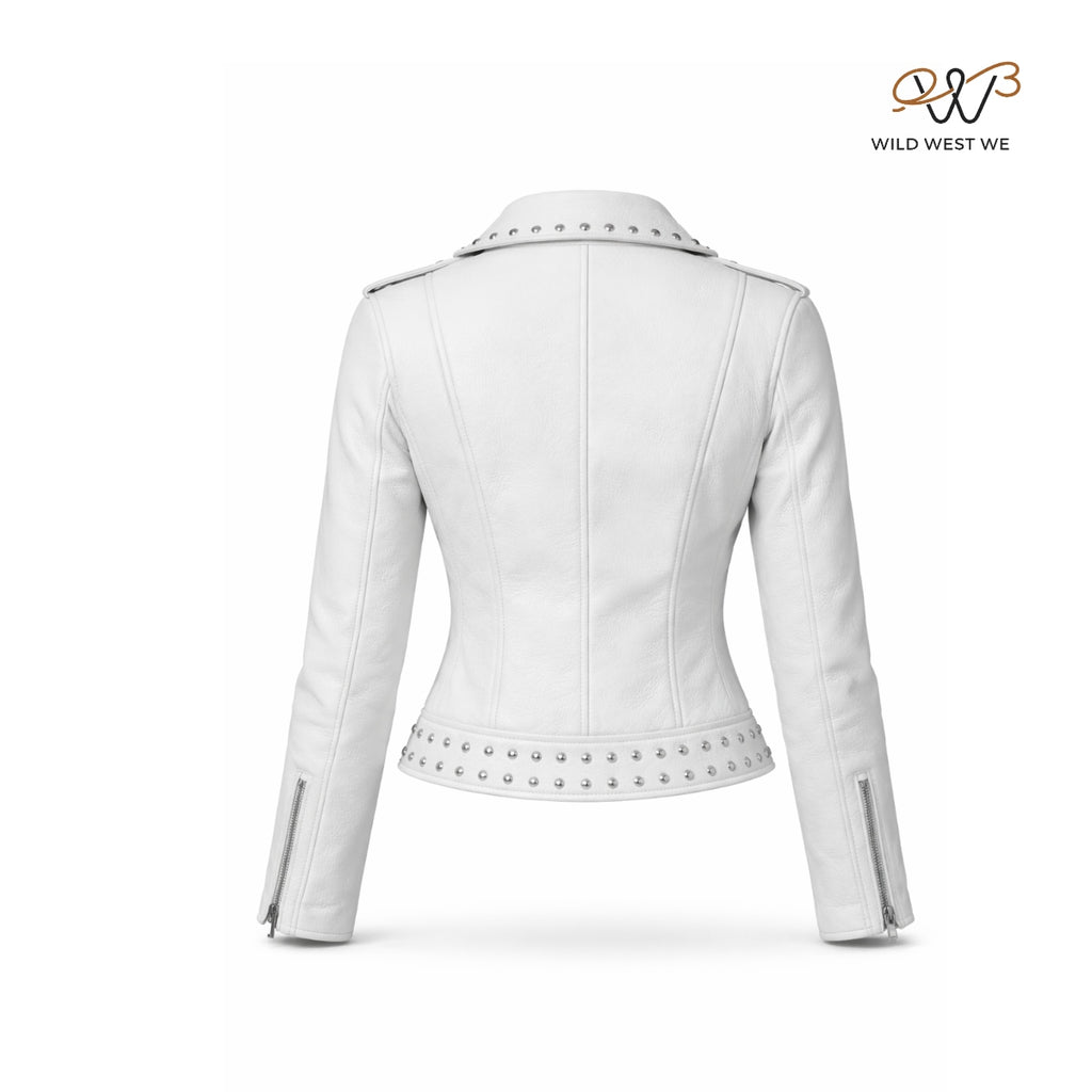 Women’s White Studded Biker Leather Jacket