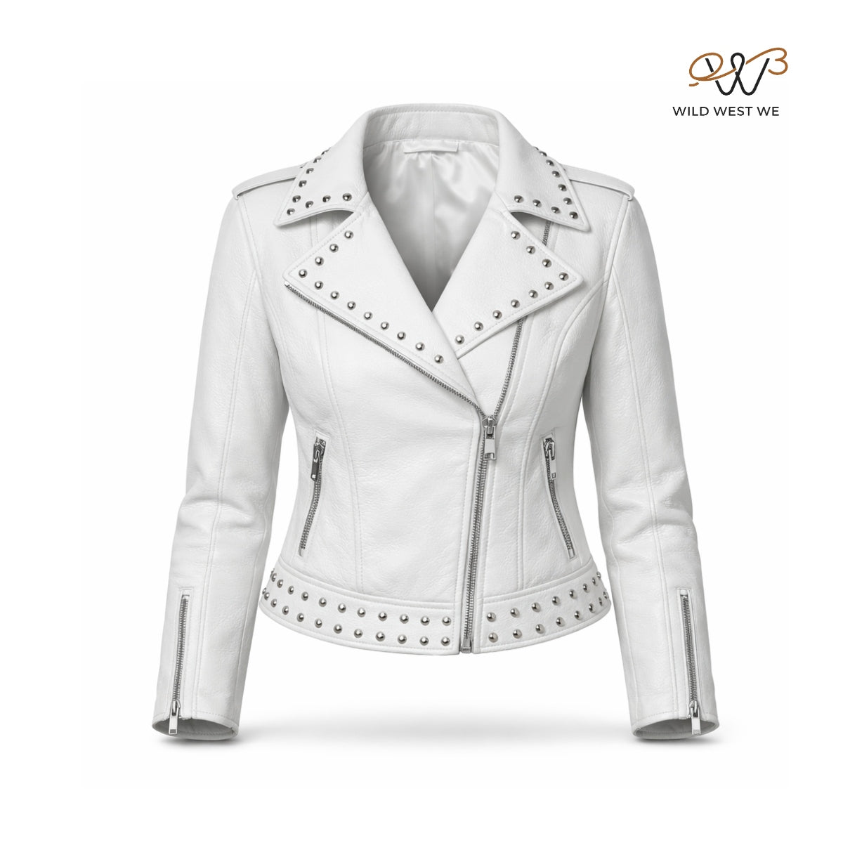 Women’s White Studded Biker Leather Jacket
