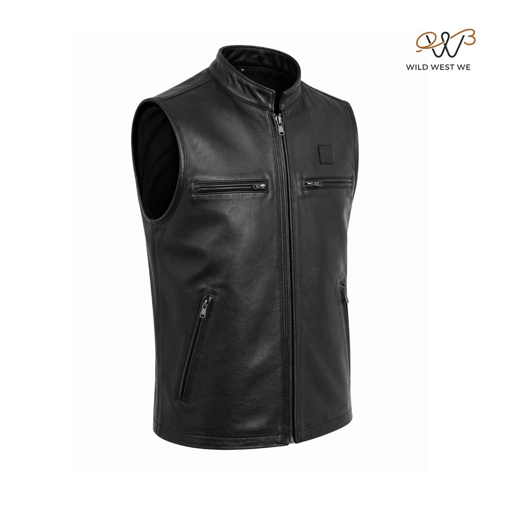 Men’s Minimal Black Biker Leather Vest Zip Front