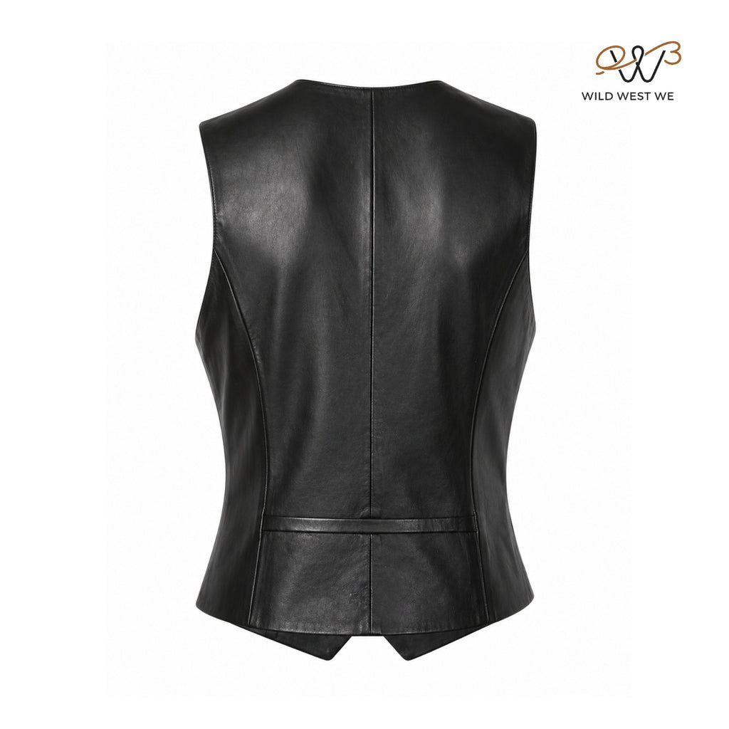 Women’s Black Tailored Leather Vest Minimal Button Front
