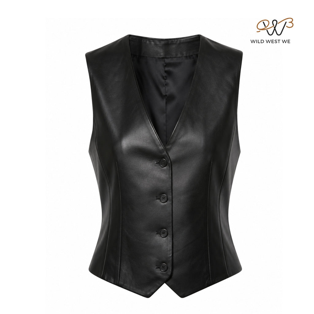 Women’s Black Tailored Leather Vest Minimal Button Front