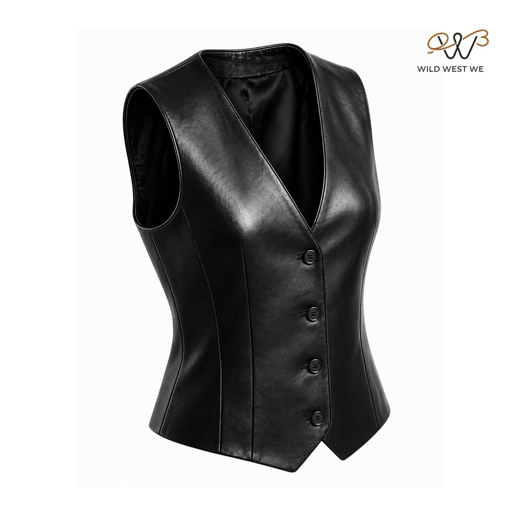 Women’s Black Tailored Leather Vest Minimal Button Front