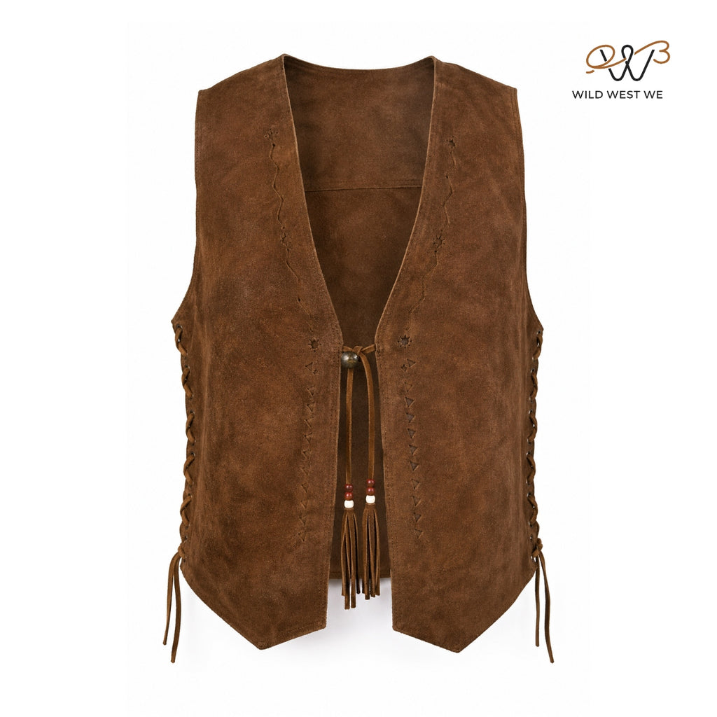 Men’s Rustic Brown Suede Western Vest with Lace Side Adjusters