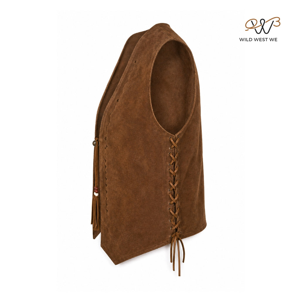 Men’s Rustic Brown Suede Western Vest with Lace Side Adjusters