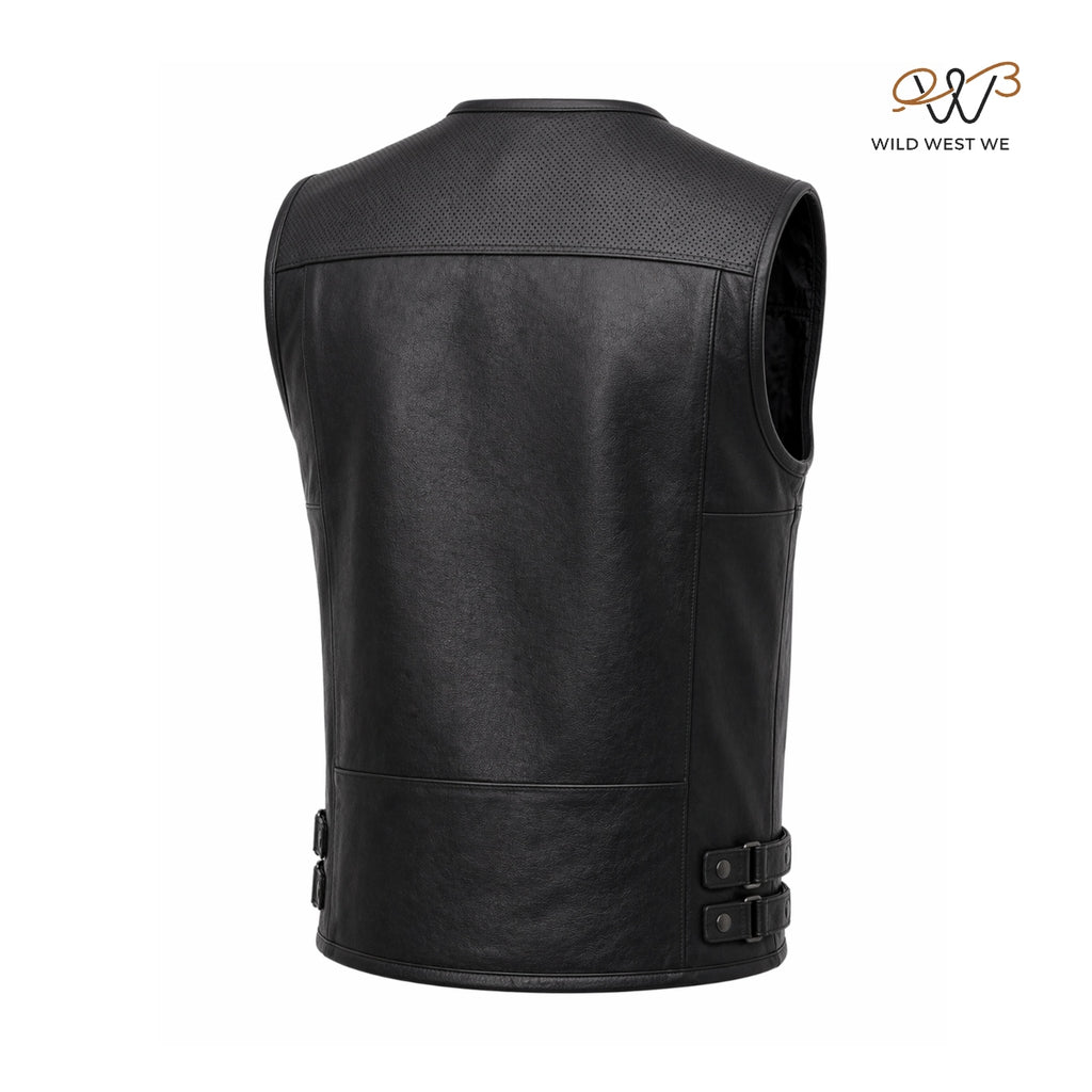 Men’s Black Biker Leather Vest with Perforated Shoulder Panels