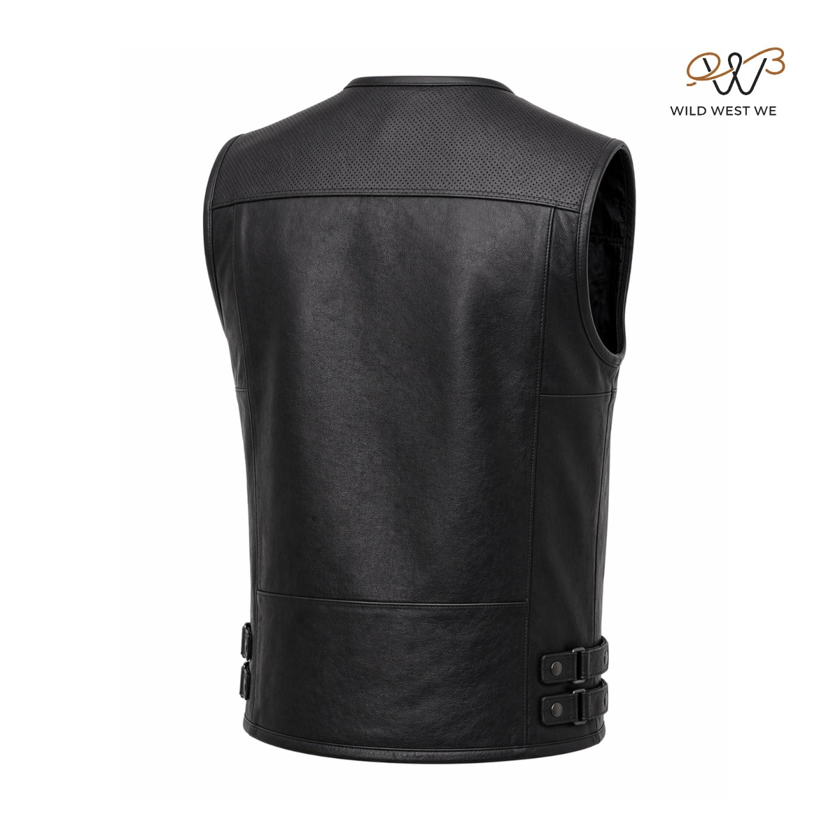 Men’s Black Biker Leather Vest with Perforated Shoulder Panels