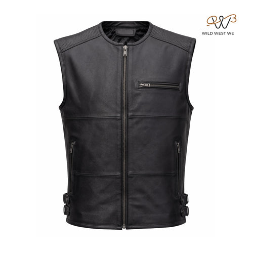 Men’s Black Biker Leather Vest with Perforated Shoulder Panels