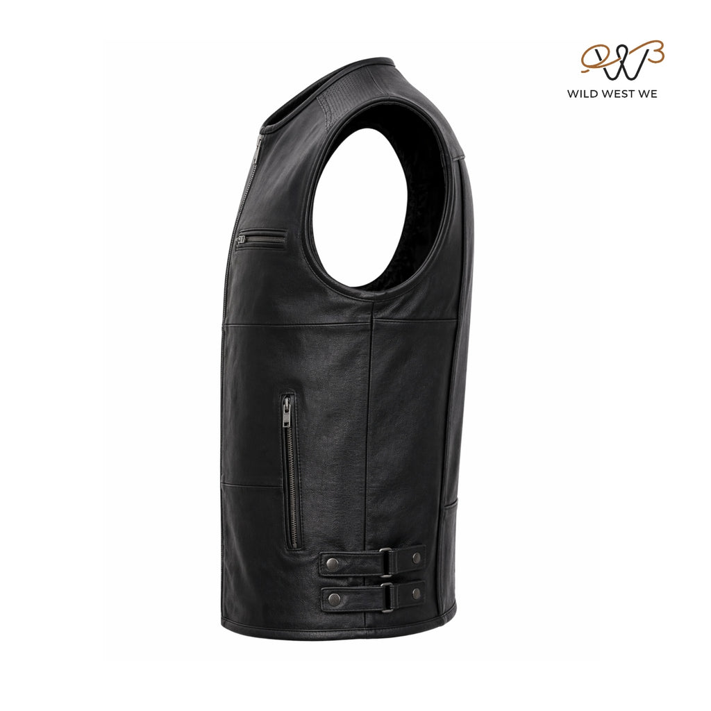 Men’s Black Biker Leather Vest with Perforated Shoulder Panels