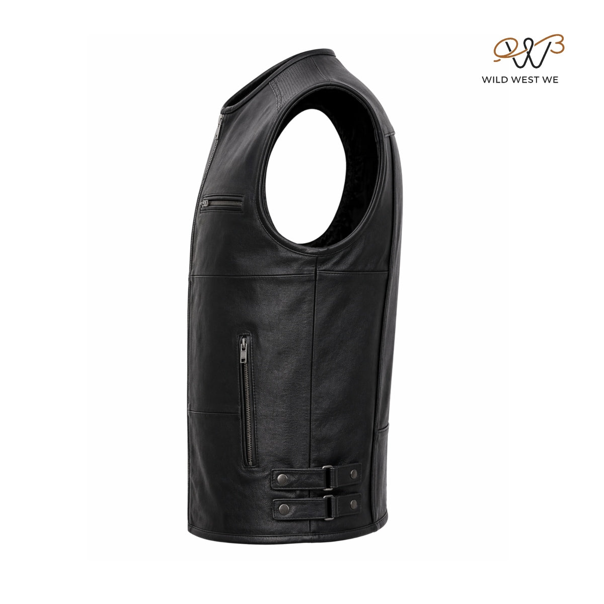 Men’s Black Biker Leather Vest with Perforated Shoulder Panels