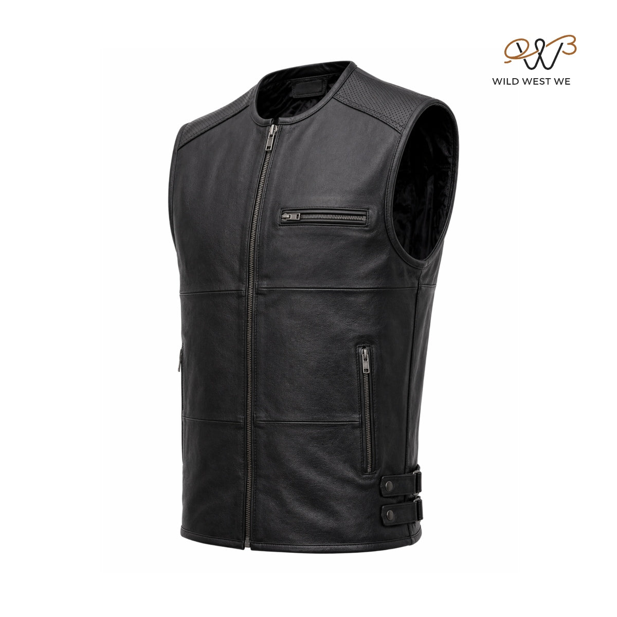Men’s Black Biker Leather Vest with Perforated Shoulder Panels
