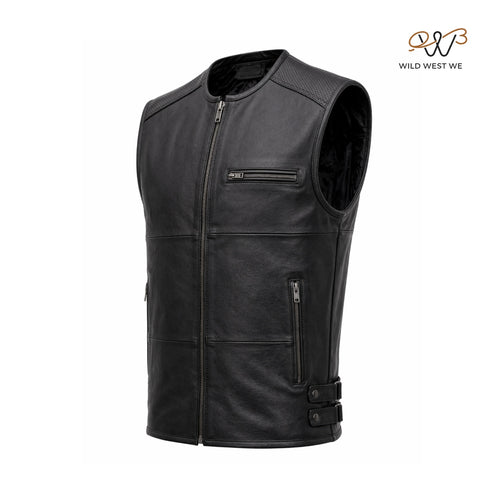 Men’s Black Biker Leather Vest with Perforated Shoulder Panels