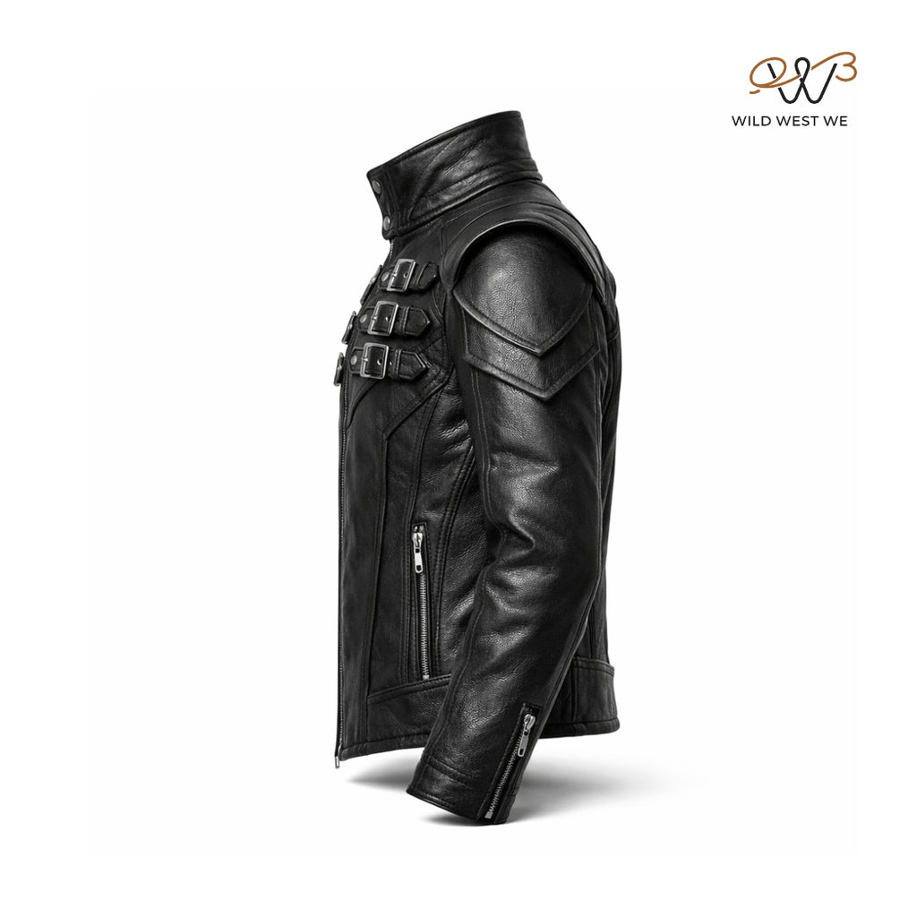 Men’s Black Buckled Military Leather Jacket