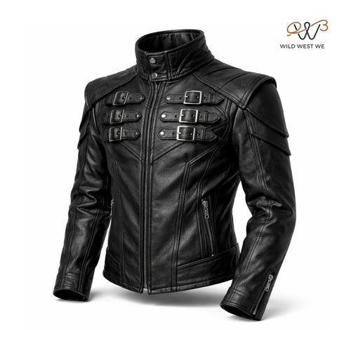 Men’s Black Buckled Military Leather Jacket