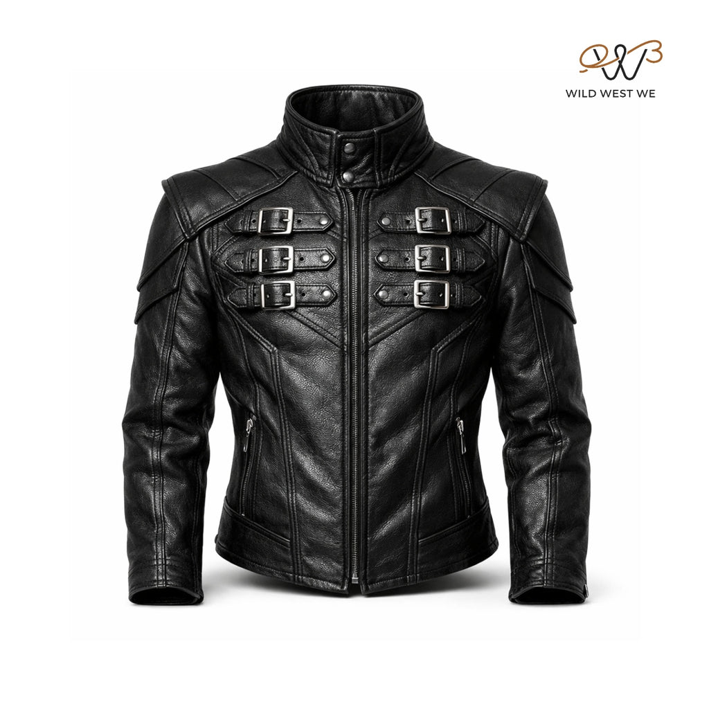 Men’s Black Buckled Military Leather Jacket