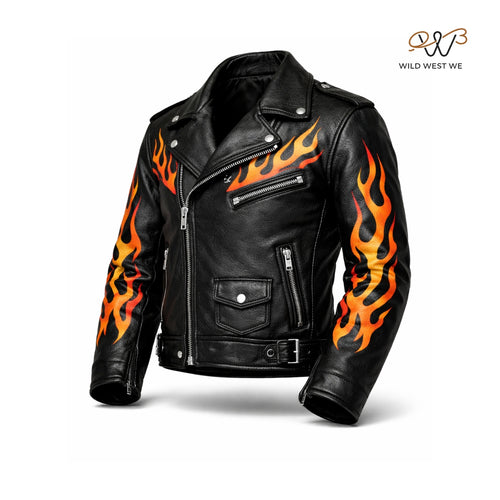Men’s Black Flame Biker Leather Jacket