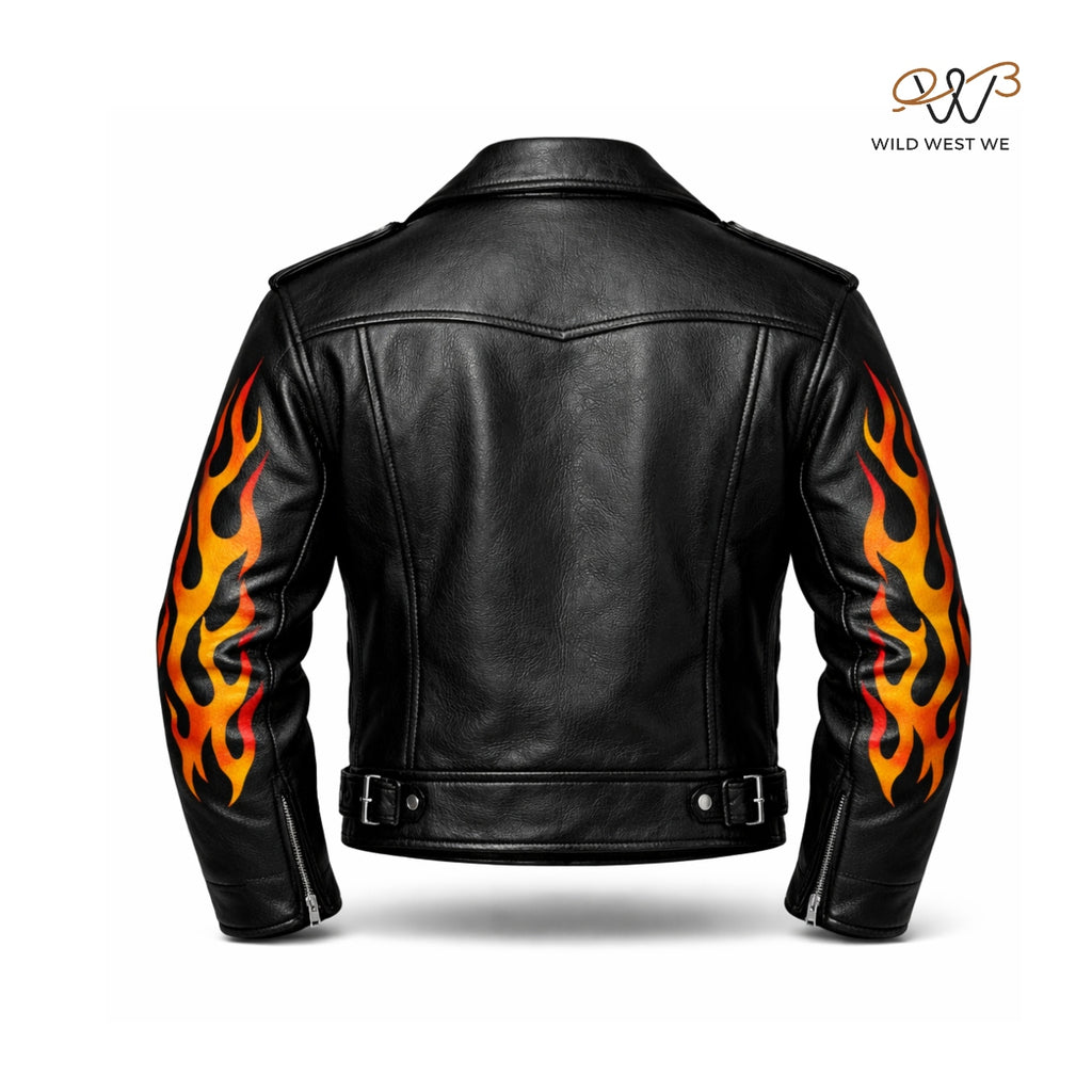 Men’s Black Flame Biker Leather Jacket