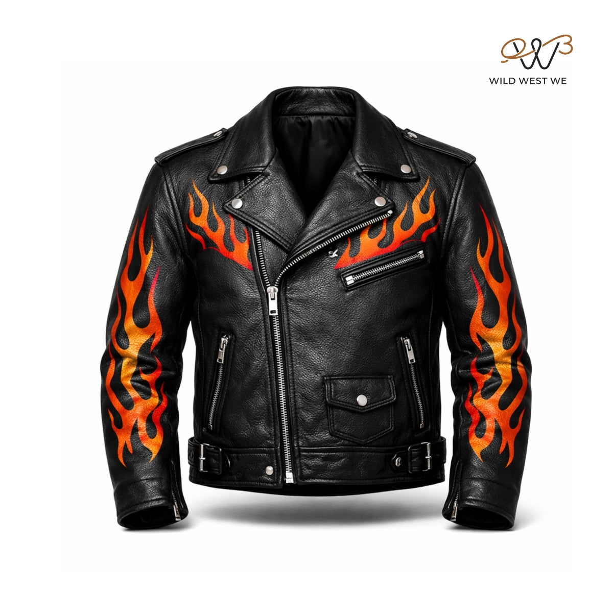 Men’s Black Flame Biker Leather Jacket