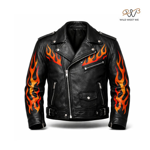Men’s Black Flame Biker Leather Jacket