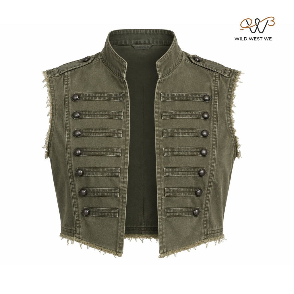 Men’s Olive Military Style Distressed Cropped Vest
