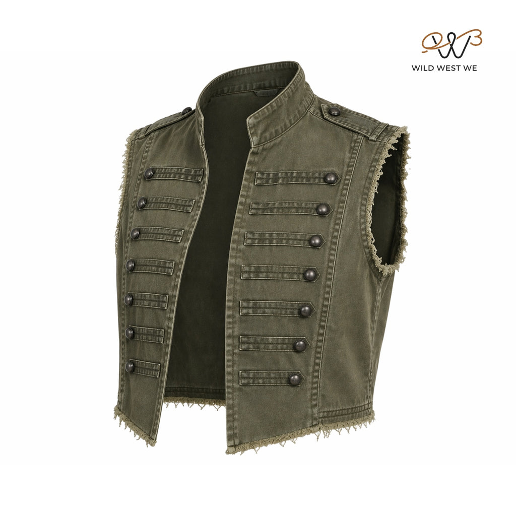 Men’s Olive Military Style Distressed Cropped Vest