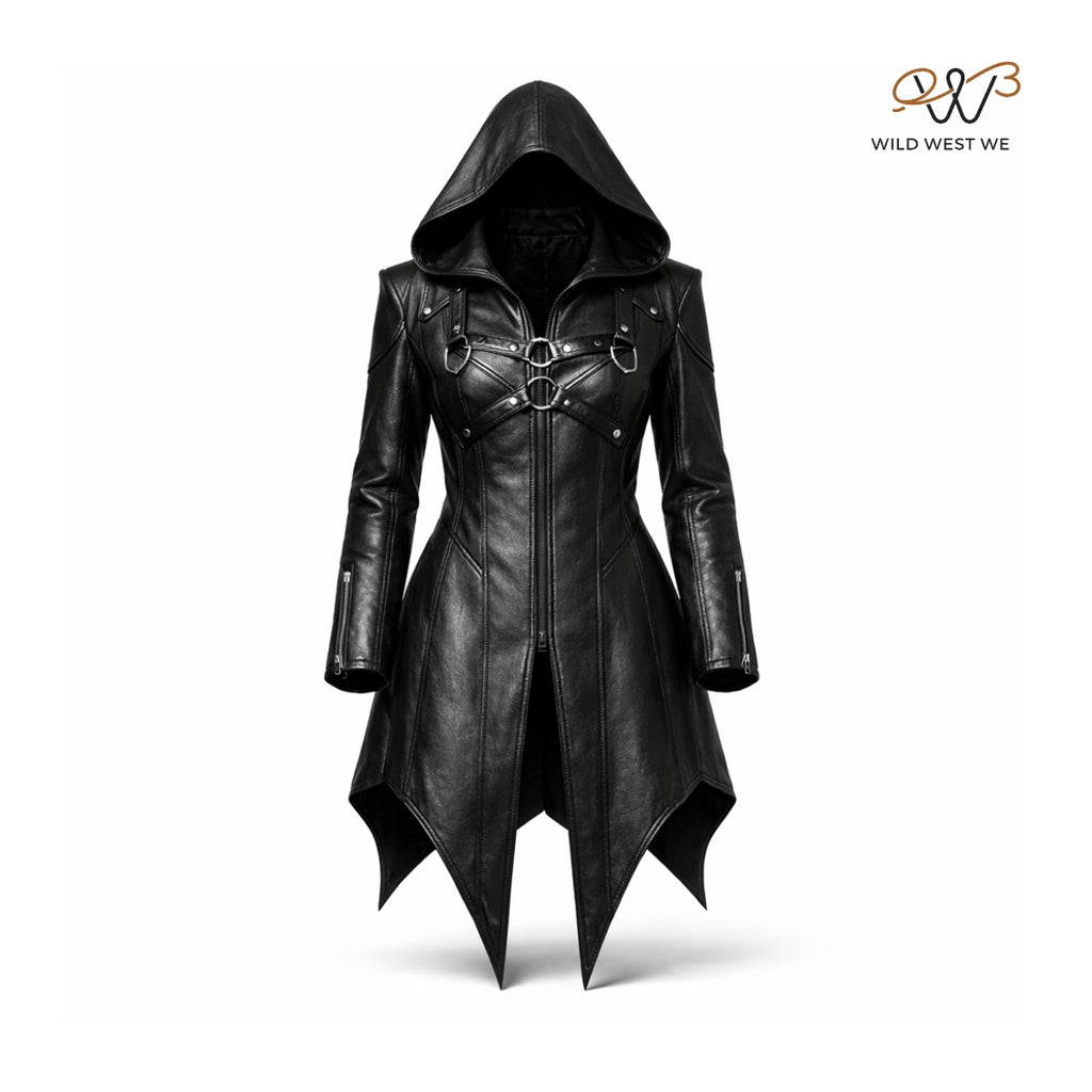 Women’s Black Hooded Gothic Leather Coat
