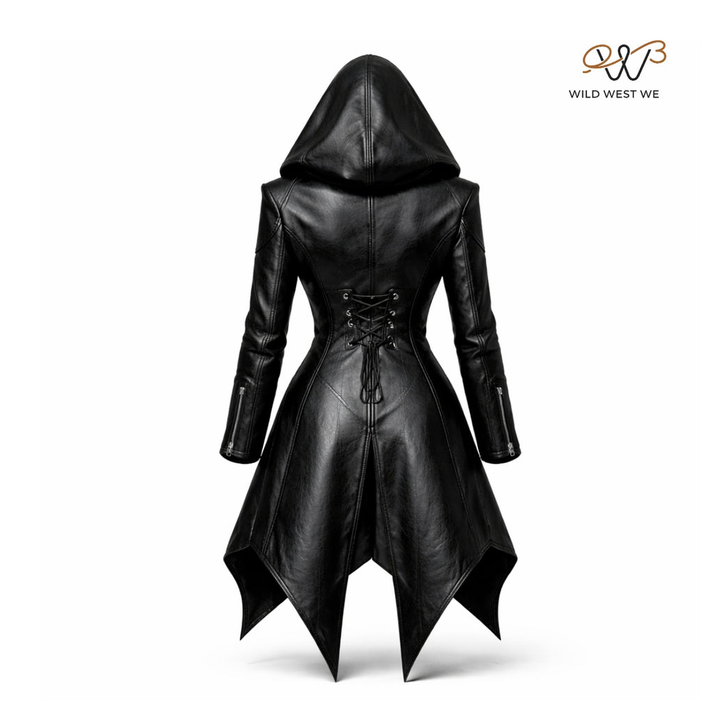 Women’s Black Hooded Gothic Leather Coat
