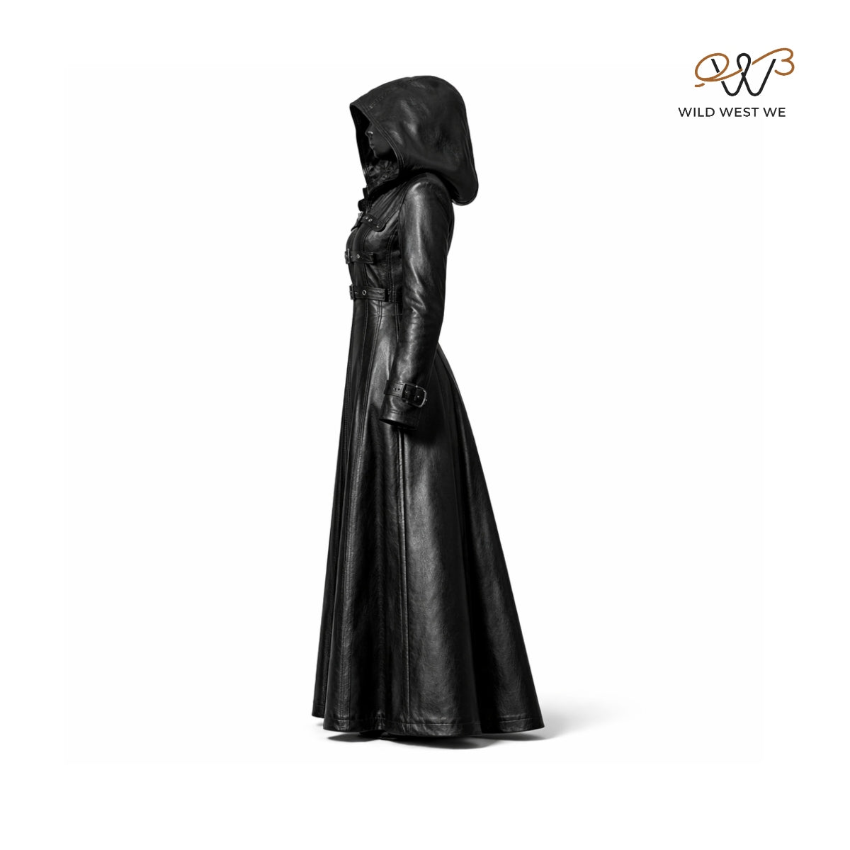 Women’s Black Hooded Long Leather Coat