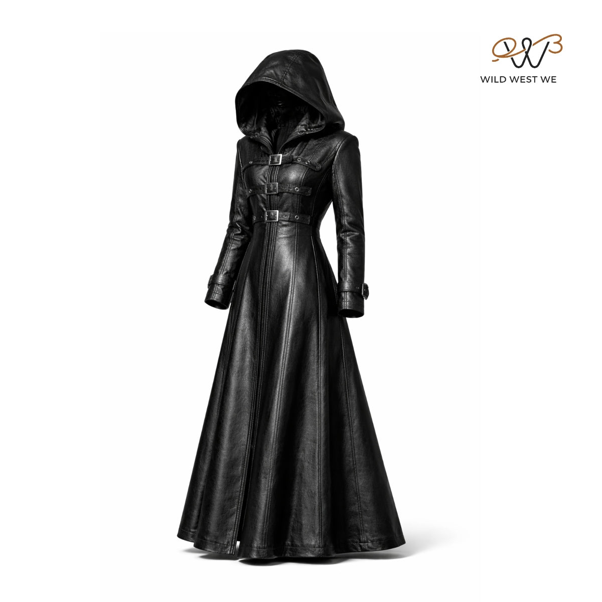 Women’s Black Hooded Long Leather Coat
