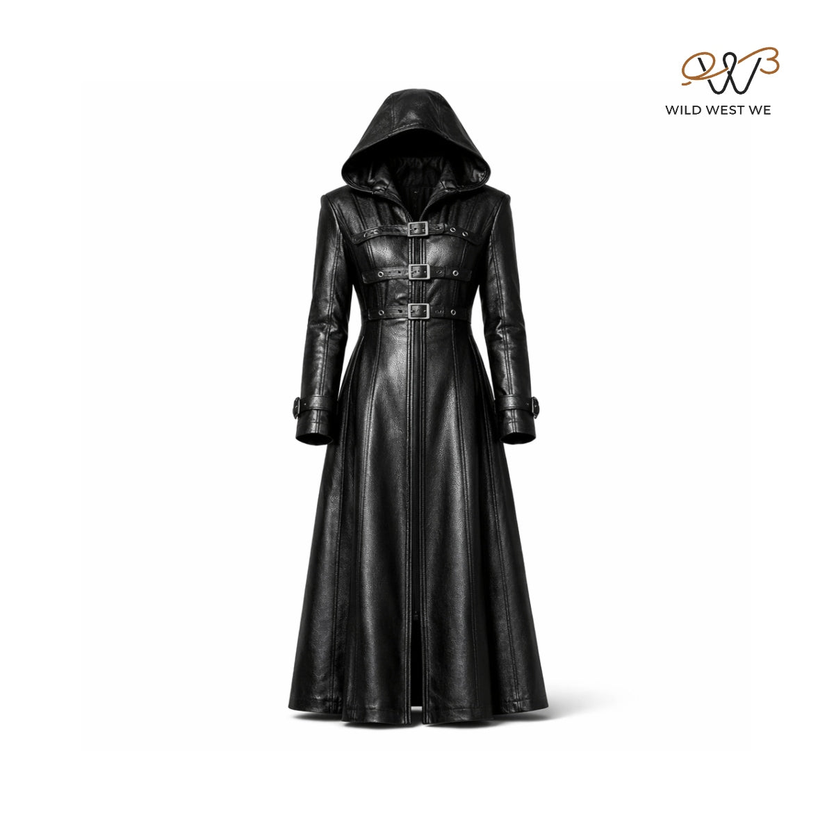 Women’s Black Hooded Long Leather Coat
